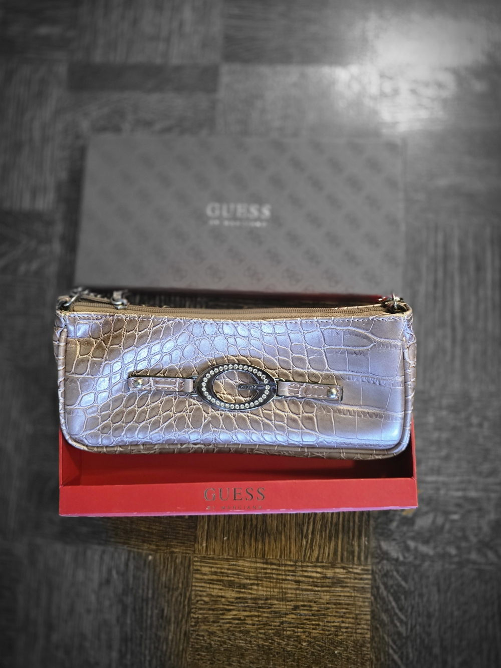 GUESS Metallic Croc-Embossed Hand Bag - Metallic Pink